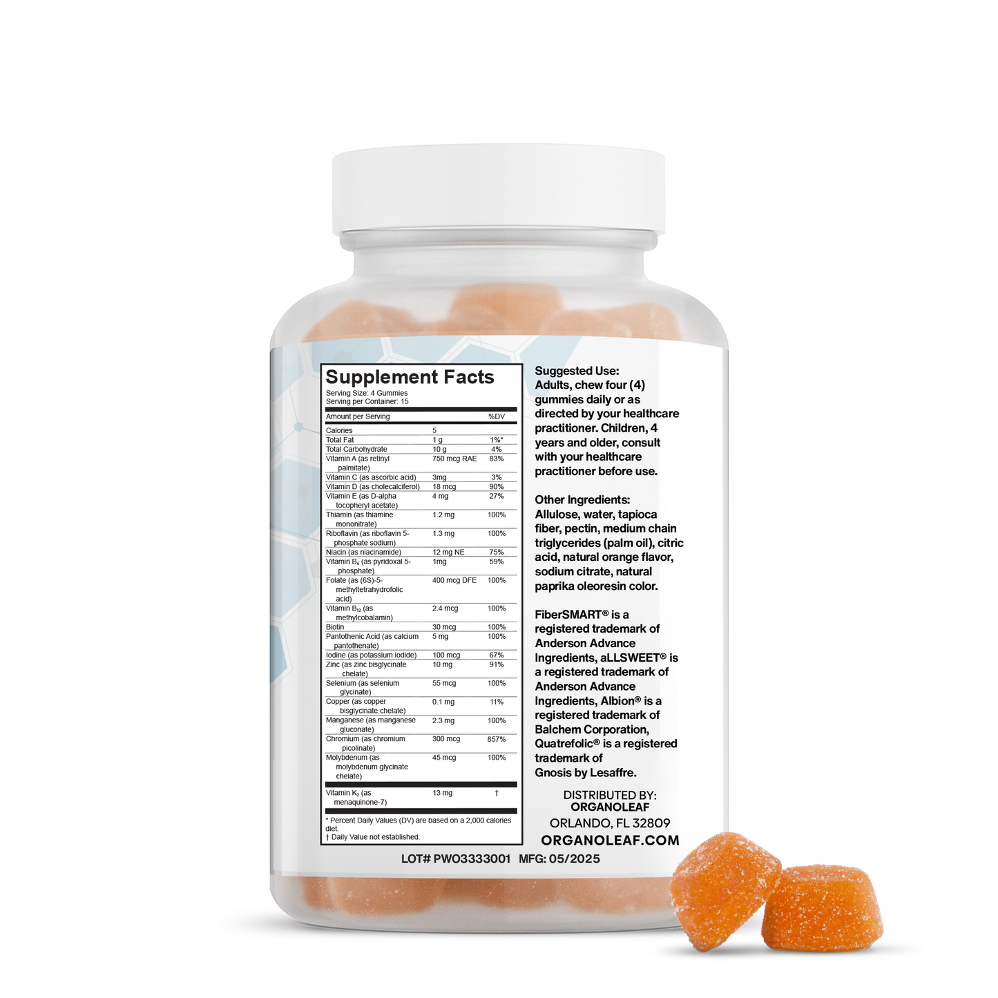 OrganoMulti: Vitamins A, C, D, E, Bs, Folic Acid & Zinc Sugar-Free Gummies